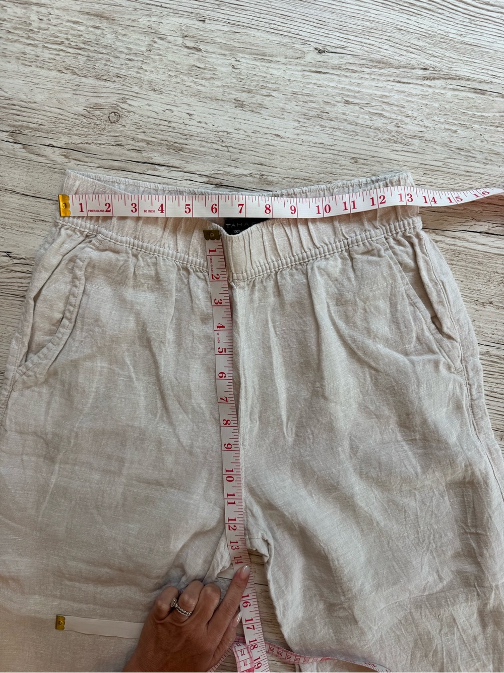 Tahari Wide Leg Elastic Waist Pull on Beige Linen Pants with Pockets S - Picture 7 of 10